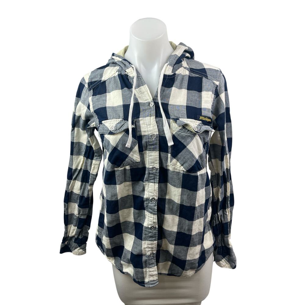 Columbia Womens Blue Plaid Flannel Long Sleeve Hoodie Button Up Shirt Top Size S - Picture 2 of 7